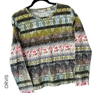 ORVIS NWOT AZTEC PRINT CREW NECK COTTON TEE LONG SLEEVE | SIZE: MEDIUM